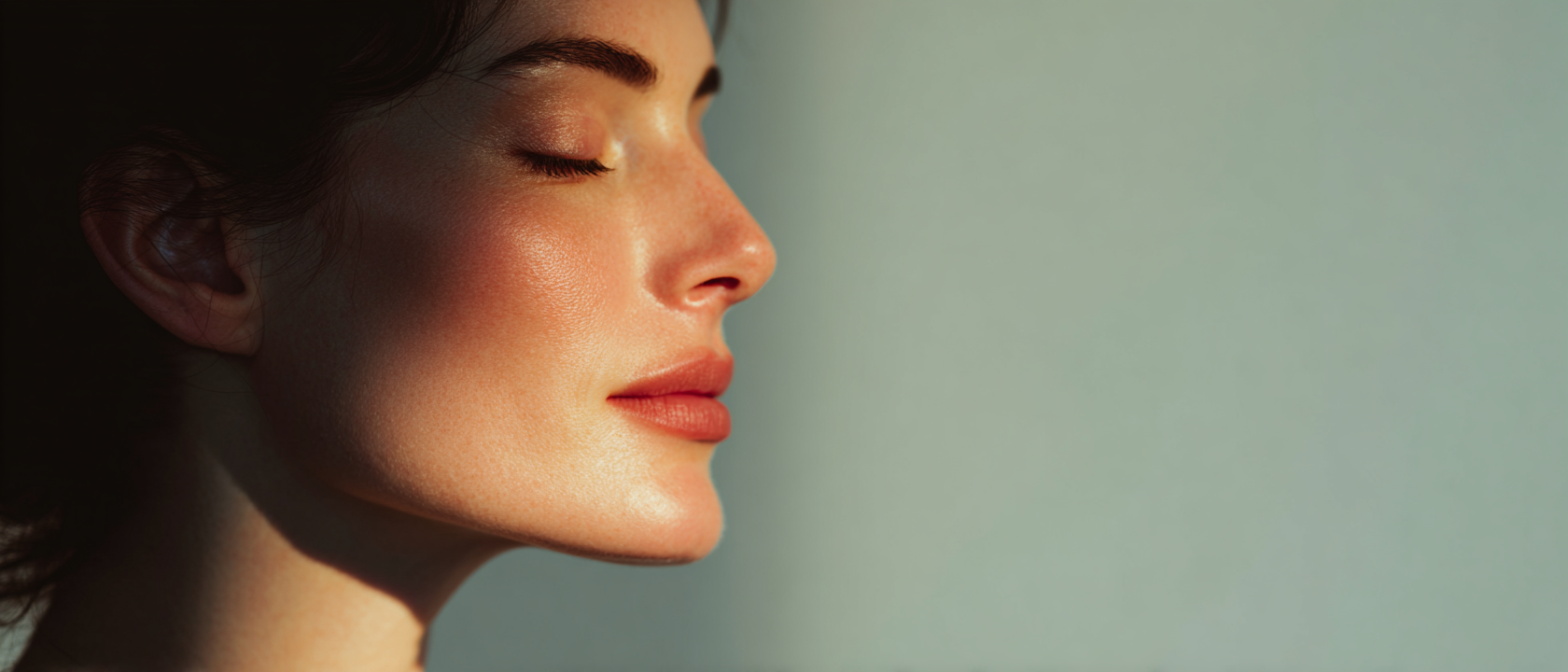 Close profile of a woman with clear, even skin under cool clinical lighting.
